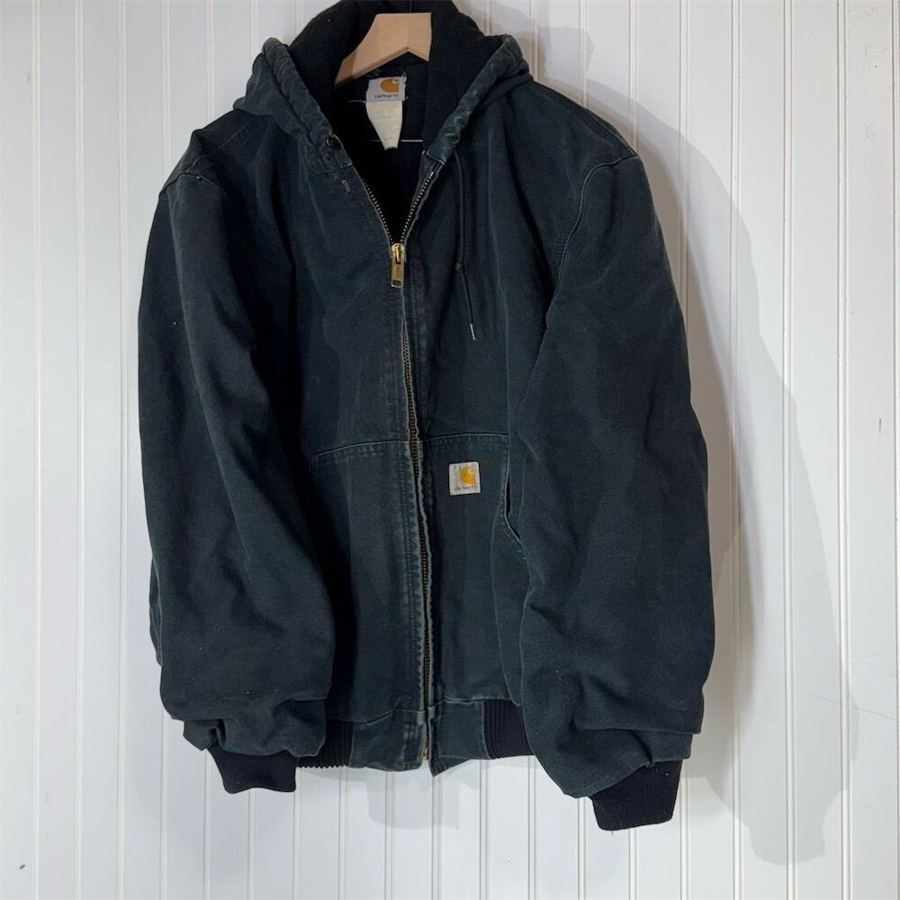 Vintage 05 Carhartt J140 Hooded Work Jacket Black L Duck Canvas USA Distressed - Picture 2 of 10